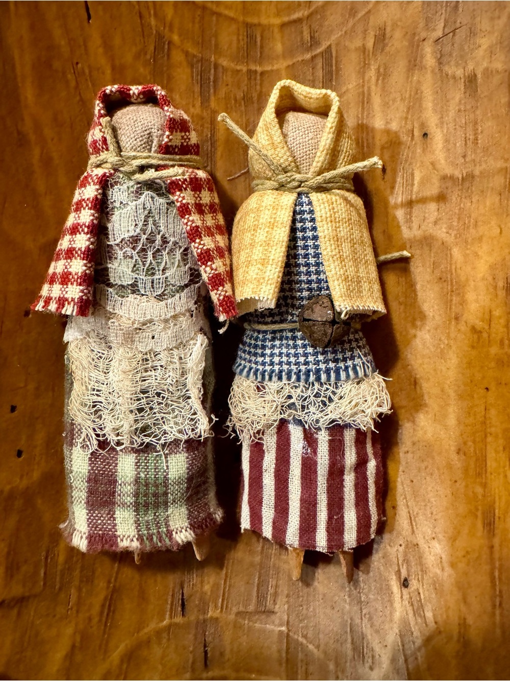 Two Handmade Vtg. Clothespin Primitive Folk Art Cloth Dolls - Red, Cream, Blue